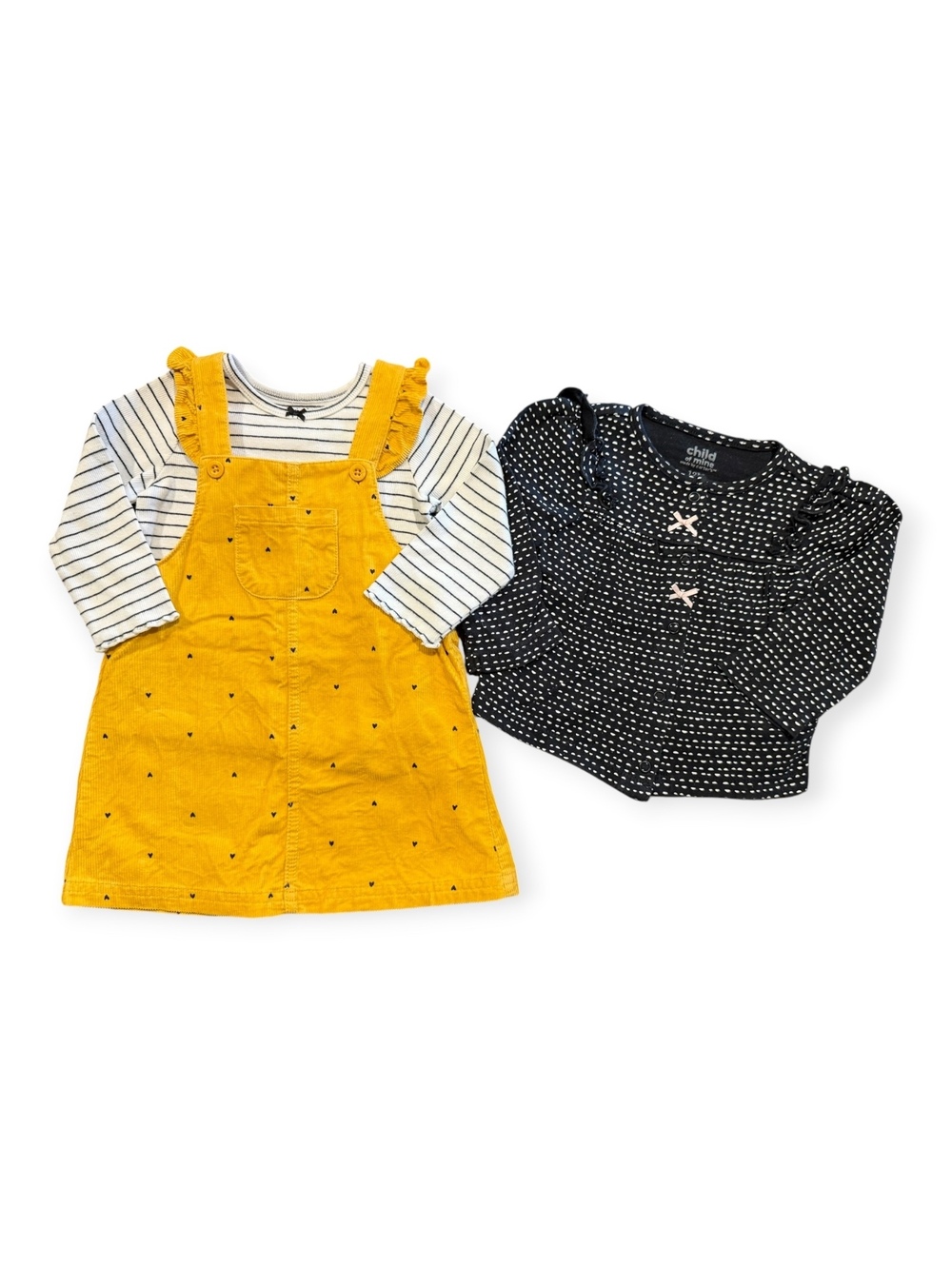 Carter's Baby Girl 12M Yellow Corduroy Pinafore Dress with Striped Shirt & Cardi